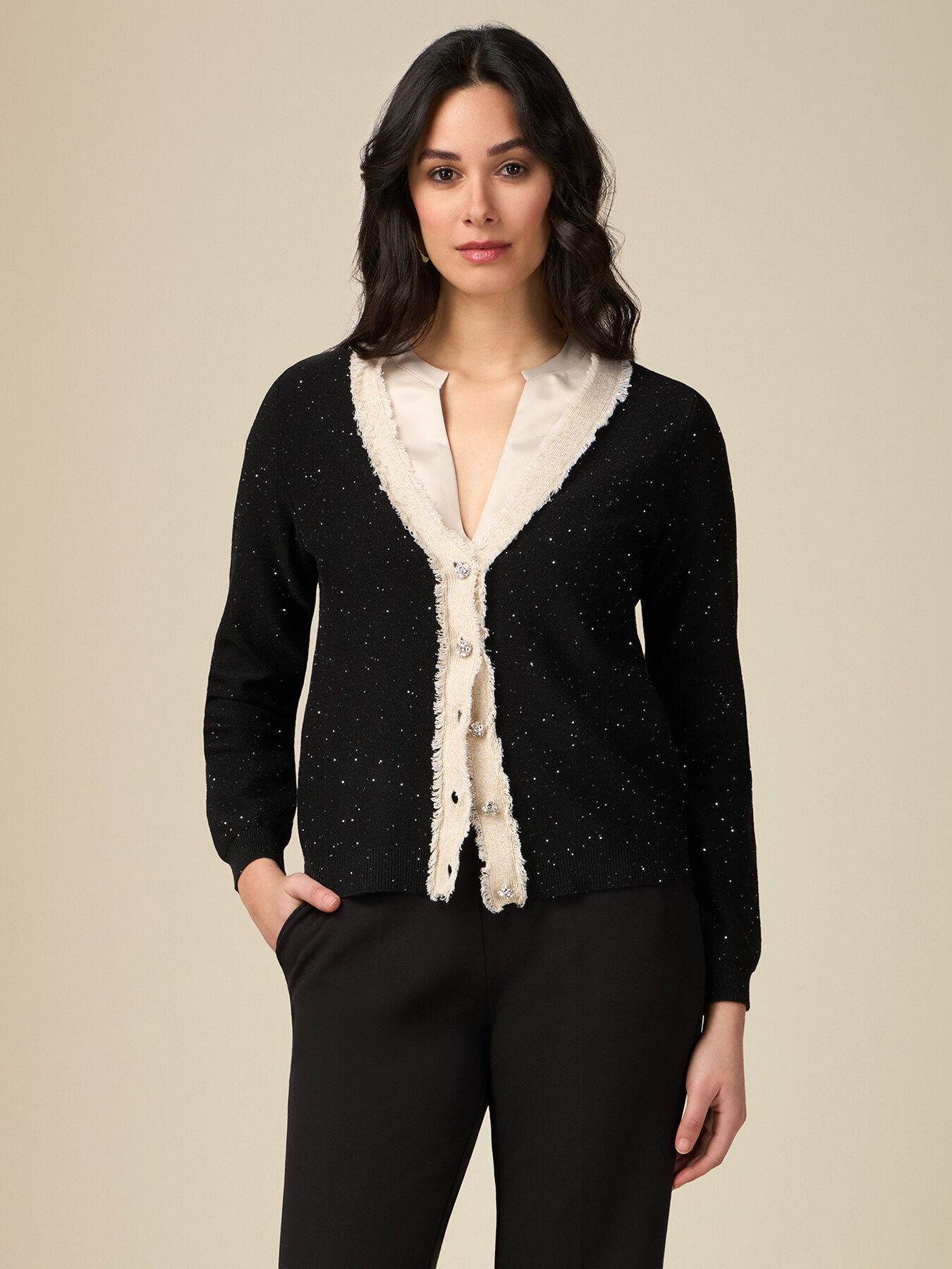 Cardigan bicolor con micro paillettes image number 0