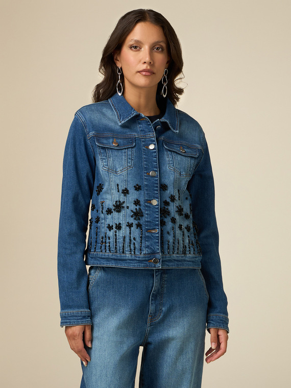 Denim trucker jacket with jewel embroidery