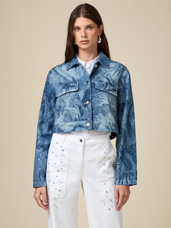 Bedruckte kurze Denim-Blousonjacke