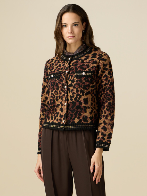 Cardigan corto animalier misto lana