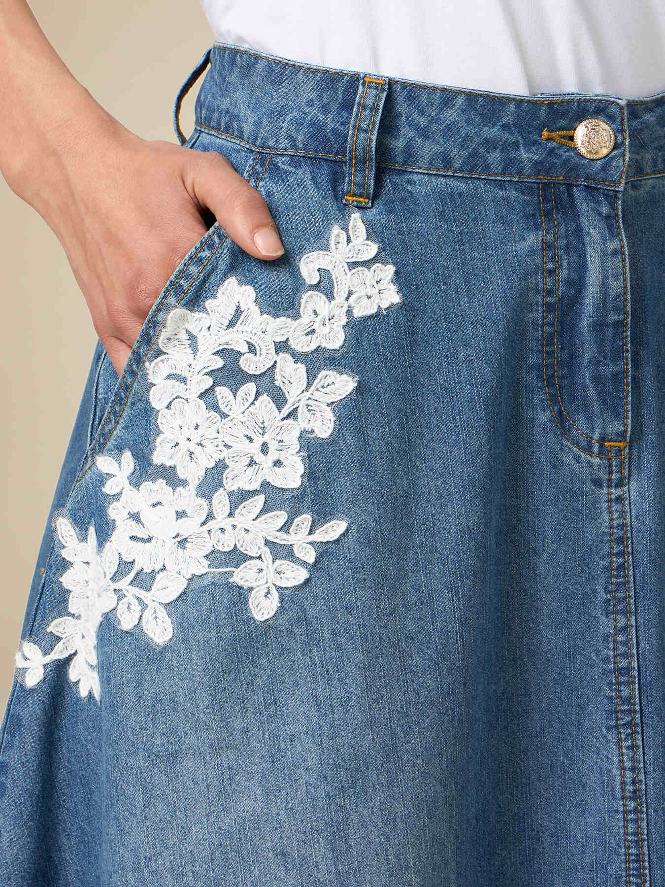 Embroidered long denim skirt best sale