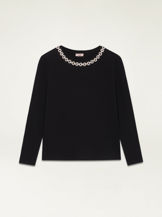 Long-sleeved T-shirt with jewel chain