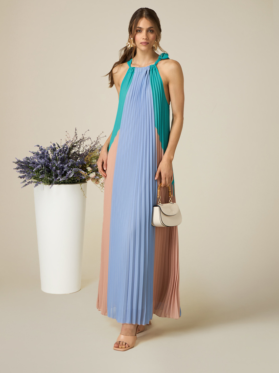 Long pleated colour block dress