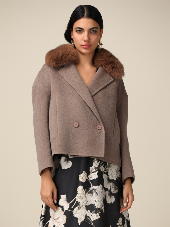 Wool blend cape with furry collar