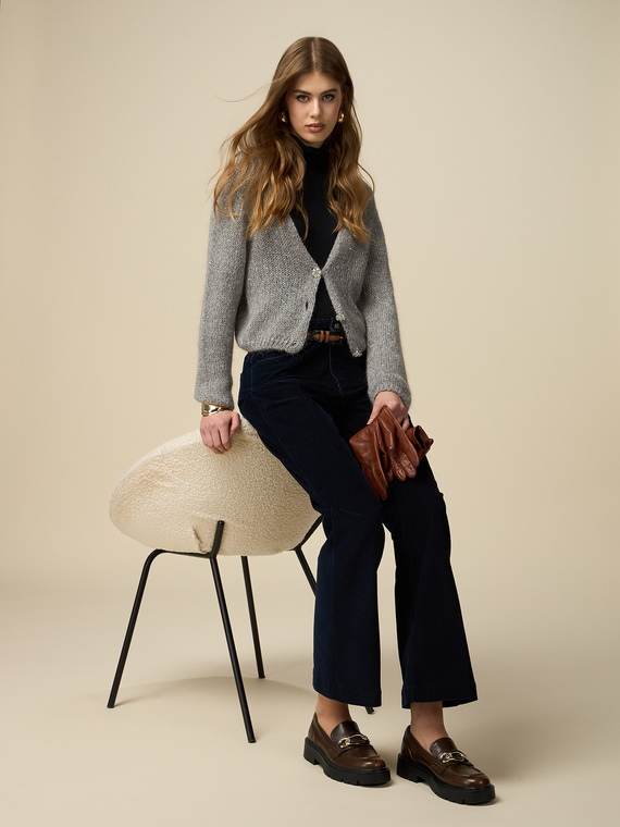 Flared trousers in velvet effect denim