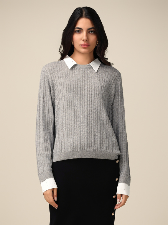 Cable knit sweater with shirt details