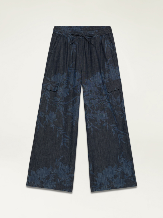 Printed denim palazzo cargo joggers