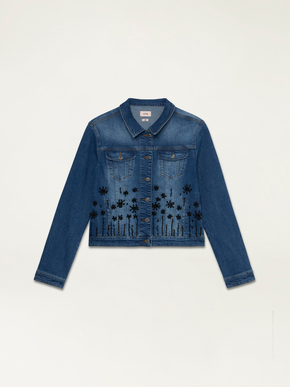 Denim trucker jacket with jewel embroidery