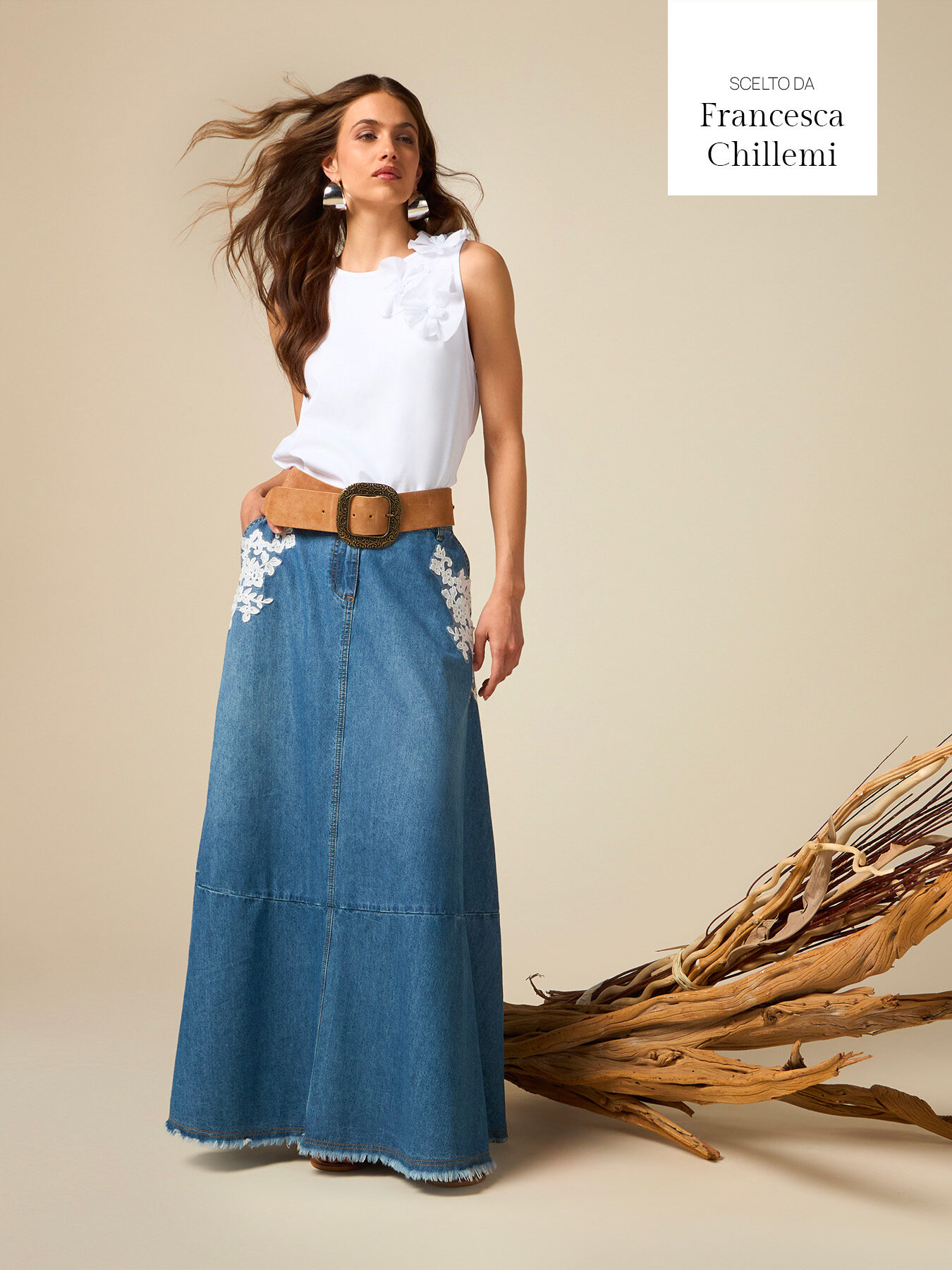 Denim long skirt with embroidery image number 0