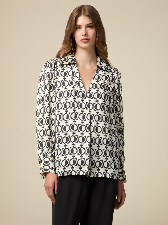 Long-sleeved patterned satin blouse