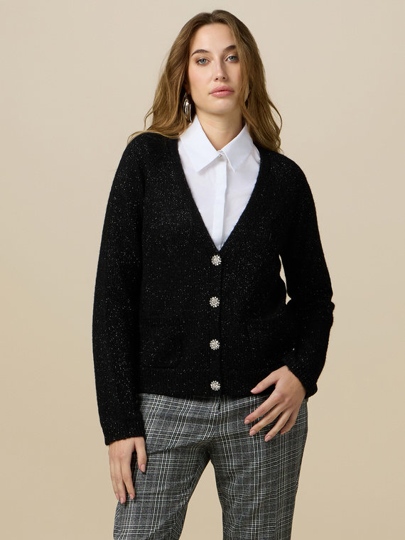 Cardigan lurex misto lana con bottoni gioiello